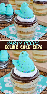 One of my favorite things about easter is the easter morning egg hunt. Party Peeps Eclair Cake Cups The Layers Of Pudding Graham Cracker And Chocolate Make These No Bake Ecl Eclair Cake Holiday Favorite Recipes Easter Fun Food