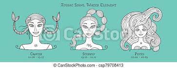 Cancer woman is ruled by the moon. Illustration Of Cancer Scorpio Pisces Zodiac Sign Element Of Water Beautiful Portrait Coloring Page For Your Design Of Canstock