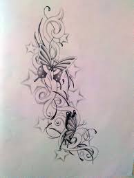 Stars tattoo are emblematic of accomplishment and a blooming flowers speaks to guarantee and productivity. Grey Butterflies Flying Among Curls And Stars Tattoo Design Tattooimages Biz