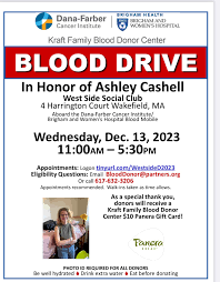 PLEASE CONSIDER SHARING THIS POST Good Morning, Our dual Blood Drive for  Boston Children's Hospital and the Kraft Family Blood Donor Center is this  Wednesday December 15th at the West Side Social