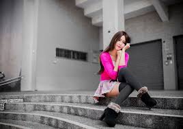 selective coloring, thigh-highs, stairs, women, skirt, Asian HD Wallpaper