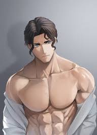 nikola tesla (shuumatsu no valkyrie), shuumatsu no valkyrie, highres, 1boy,  abs, bare shoulders, black hair, blue eyes, formal, looking at viewer, male  focus, muscular, muscular arms, muscular male, partially undressed,  pectorals, serious,