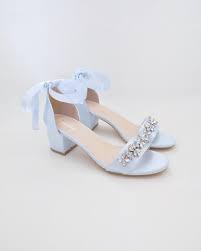 Light Blue Satin Block Heel Sandals With FLORAL RHINESTONES