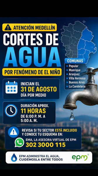 🚰 EPM anuncia interrupciones programadas de acueducto por el fenómeno de El Niño, EPM informó que, debido a la disminución de las lluvias y de los caudales que abastecen el sistema de acueducto, se ...