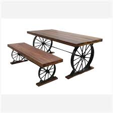 Wagon Wheel Table And Bench Set Solid Hardwood Wrought Iron Steel Wagon Wheel Table Table And Bench Set Concrete Dining Table