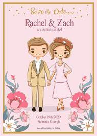 Cute Bride Groom Cartoon With Wedding Invitation Template Kartu Pernikahan Kartu Pernikahan