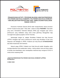 Jabatan pendidikan politeknik dan kolej komuniti tidak akan bertanggungjawab terhadap sebarang kerosakan atau kehilangan yang dialami disebabkan oleh penggunaan maklumat dalam laman web ini. Politeknik Malaysia On Twitter Penangguhan Aktiviti Program Anjuran Jabatan Pendidikan Politeknik Dan Kolej Komuniti Politeknik Dan Kolej Komuniti Yang Melibatkan Penyertaan Yang Ramai Ekoran Penularan Wabak Covid 19 Https T Co 6wlh2ekzwr