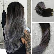 Balayage Tape Hair Extensions Black With Brown And Silver 1b Silver 1b Tape In Hair Extensions Black Women Hair Color Human Hair Extensions