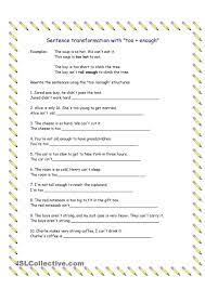 Sentence Transformations Using Too Enough Sentences English Grammar Exercises English Grammar Worksheets