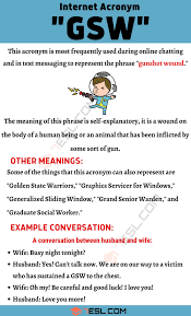 Gsw Meaning How Do You Define The Slang Acronym Gsw 7 E S L In 2020 Meant To Be Learn English English Lessons