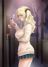 shiki takuto, original, highres, 1girl, arm under breasts, black scrunchie,  blonde hair, blue eyes, blurry, blurry background, breasts, collared shirt,  from side, green skirt, large breasts, long hair, phone, school uniform,  scrunchie,