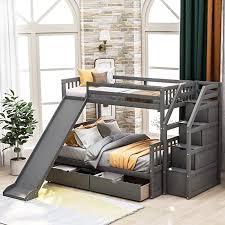 Amazon Com Twin Over Full Bunk Bed With Stairs And Storage Drawers For Kids Bunk Beds Twin Over Ful In 2020 Bunk Bed With Slide Bunk Beds With Drawers Cool Bunk Beds