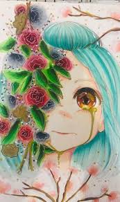 Blue Hair Watercolor Painting Girl Flowers How To Draw Anime Anime Art Tutorial Anime Drawings Anime Character Drawing