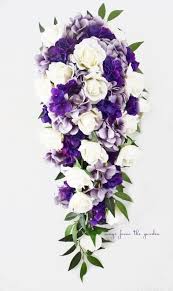 Cascade Bridal Bouquet Featuring Real Touch White Roses With Lavender And Purple Hydrangea Purple Bridal Bouquet Cascading Bridal Bouquets Rose Bridal Bouquet