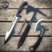 4pc Camping Outdoor Tactical Black Survival Machete Fixed Blade Tomahawk Axe Set Knife Tomahawk Axe Survival Axe