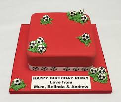 Soccer birthday cake is a good idea for a boy on his birthday! 8 Square Red Football Cake Boys Birthday Cakes Celebration Cakes Cakeology