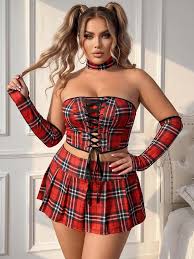 Plus Size Women'S Red * Bandeau Chest * Corset Fishbone Bra Backless Zipper Element Ultra-Short Top, Matching Pleated Skirt And Matching *