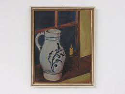 Olbild Stillleben Krug Kerze Vor Einem Strebenfenster 20 Jahrhundert Signiert Kunstproduktion Stillleben Bilder