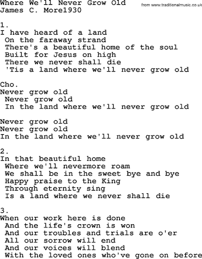 Where We'll Never Grow Old - Apostolic and Pentecostal Hymns and Songs  lyrics, and PDF