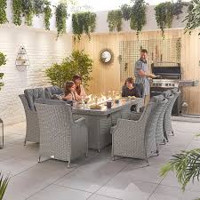 What are the shipping options for fire pit patio sets? Thalia 8 Seat Dining Set With Rectangular Firepit Table