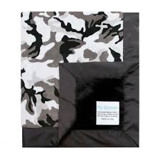 Military inspired and cute camouflage blankets and bibs for infants. Camouflage Winter Luxe With Black Back Baby Blankets