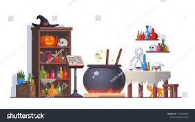 Witch Room With Boiling Poison Potion Cauldron Cupboard Potion Flasks Cats Magic Book On Stand Retort Table Magician Interior With Magic Accessories Hal