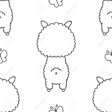 This kawaii llama coloring page shows a cute young animal that looks like a small camel without a hump. Simple Seamless Pattern Black And White Cute Kawaii Hand Drawn Llama Doodles Coloring Pages Print Royalty Free Cliparts Vectors And Stock Illustration Image 143573946