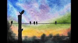 Easy Birds On A Wire Painting How To Paint Birds On A Wire Landscape With Watercolor Easy Youtube In 2020 Easy Landscape Paintings Birds Painting Watercolor Paintings Easy