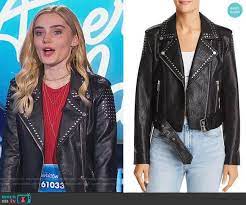 Taylor S Black Studded Leather Jacket On American Housewife Black Studded Leather Jacket Leather Jacket Studded Leather Jacket