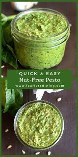 This Easy Nut Free Pesto Sauce Is Quick And Easy To Make Homemade Pesto Without Nuts Lots Of Fresh Bas Pesto Recipe Easy Homemade Pesto Recipe Nut Free Pesto