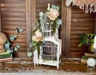 White Vintage Victorian Style Wood & Wire Dome Top Decorative Bird Cage  with Shabby Cottage Roses, Real Preserved Florals, Bird in Birdnest