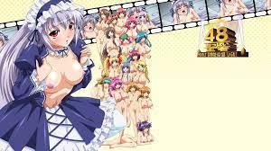 himeyama matsuri, nir (oppai no ouja 48), takashima miyu, oppai no ouja 48,  highres, official art, tagme, 10s, breasts, censored, huge breasts, large  breasts, light purple hair, maid, nipples, nude, red eyes -
