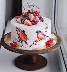 Cake With Painted Robins Looks Like Food Gel Photo Painted Cakes Christmas Cake Desserts