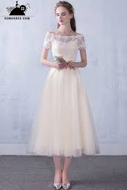 128 99 Off Shoulder Sleeve Champagne Tea Length Wedding Party Dress With Lace E9803 Gemgrace Com Short Wedding Dress Tea Length Wedding Dress Tea Length Prom Dress