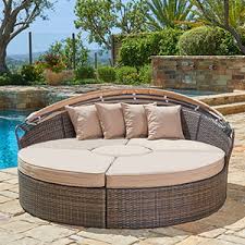 Three seat cushions and four back. Amazon Com Suncrown Outdoor Patio Round Daybed With Retractable Canopy Brown Wicker Furniture Clamshell Sectional Seating With Washable Cushions Backyard Porch Garden Outdoor