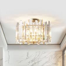 An abundance of large crystal leaves are enhanced by the nature inspired branches that are finished in burnt bronze. 6 Lights Prismatic Crystal Semi Flush Mount Modern Gold Drum Shaped Foyer Close To Ceiling Lamp 110v 12 Ceiling Lights Ceiling Lamp Semi Flush Ceiling Lights