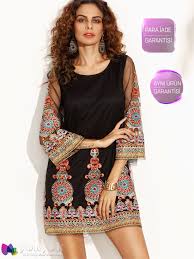 Etnik Desenli Kollari Tul Elbise Elbise Moda Elbiseler