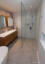 Large Open Doorless Curbless Tile Shower Small Space Bathroom Makeup Vanity In Bathroom Doorless Shower