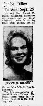 1965 Janice Dillon to wed Mark Ingalls