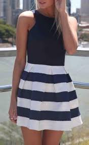 Black White And Navy Blue Outfits Navy Blue Pleated Striped Bottom A Line Dress Fashion Skater Skirt Dress Navy And White Dress