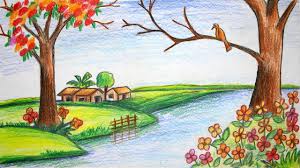How To Draw The Scenery Of Spring Season Village Scenery Drawing Landscape Drawing Landscape Drawings Drawings Easy Scenery Drawing