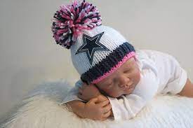 Dallas Cowboys Baby Girl Beanie Hat In Stark White With Dark Denim And Prettynpink Trim Handknit In Size New Baby Cowboy Baby Girl Beanies Dallas Cowboys Baby