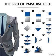 Learn about the folding pattern for a pocket handkerchief withhelp from an image consultant in this free video on suit pocket handkerchiefs. The Bird Of Paradise Pocket Square Fold Fold 37 Of 50 Pocket Square Folds Pocket Square Styles Suit Handkerchief