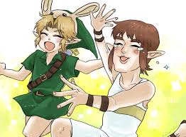 link, postman (zelda), young link, nintendo, the legend of zelda, the  legend of zelda: majoras mask, 2boys, blonde hair, brown hair, bunny  hood (zelda), crying, crying with eyes open, green skirt, green