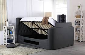 Platform tufted bed frame extra wide tall california king queen full footboard ottoman diamond tufting upholstered headboard made to order. Avebury Grey Fabric Wing Back Ottoman Tv Bed Deluxe Home Interiors