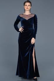 Lacivert Yirtmacli Uzun Kadife Abiye Abu527 Moda Stilleri The Dress Elbise
