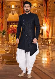 Did you scroll all this way to get facts about indian wedding dress? Printed Jute Dhoti Asymmetric Sherwani In Black And White Wedding Dresses Men Indian Wedding Kurta For Men Groom Dress Men