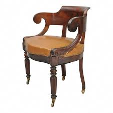 Antique English Empire Regency Mahogany Curved Caramel Leather Library Arm Chair Chairs Furniture Chair Chairs For Sale