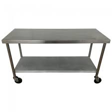 S/steel band = easy to clean and durable. Used Stainless Steel Table And Shelf Unit On Wheels