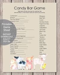 Printable Baby Shower Candy Bar Game Baby Farm Animals Theme In 2020 Baby Shower Candy Bar Game Baby Shower Guessing Game Baby Shower Candy